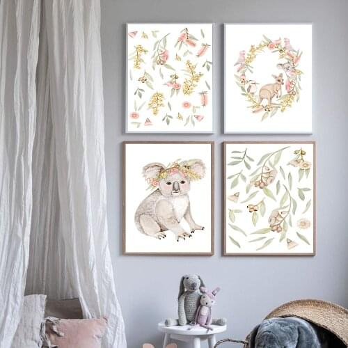 Baby Kangaroo Koala Canvas Painting Animal Print Gum Tree Beige Boho Floral Poster Green Fresh Nursery Wall Art Picture Kid Room