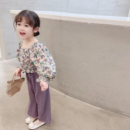 Children Leisure Clothes Spring Autumn Girl Loose Purple Flowers Printing Tops + Long Pants With Bow 2 Pieces Sets