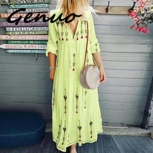 Genuo New Autumn Long Sleeve Floral Print Women Dress Boho Sexy V-neck Drawstring Tie-up Party Dress Ladies Plus Size Long Dress