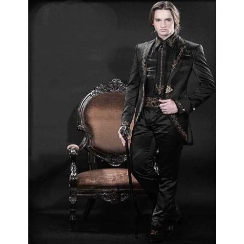 Handsome Groomsmen Embroidery Groom Tuxedos Mens Wedding Dress Man Jacket Blazer Prom Dinner (Jacket+Pants+Tie) A02