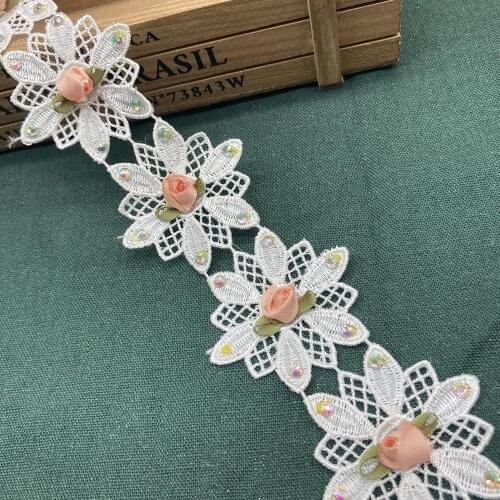 1 Yard 5.5CM Diamond Point Rose Flower Embroidered Appliques Trim Ribbon Fabric Sewing Lace Craft Women Wedding Dress Decoration