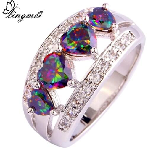 Lingmei Gorgeous Jewelry Fashion AAA HeartMystic Rainbow White CZ Silver Color Ring Size 6-12 Free Shipping Wholesale