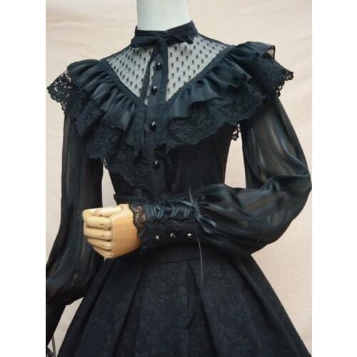 Japan style sweet black gothic white black long sleeve lantern sleeve see-through dots lolita shirt girls lace blouse