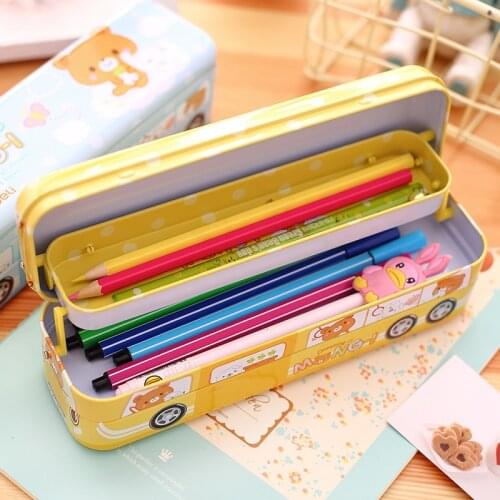 Cute cartoon student stationery box, tin pencil box, three-layer bus pencil box, car storage box, creative gifts