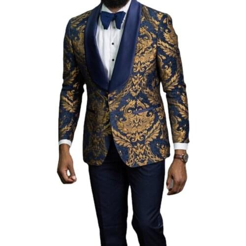 Navy Blue Men Suits with Satin Shawl Lapel 3 Piece Slim Fit Groom Tuxedo Floral Jacket Vest with Pants Male Fashion Costume