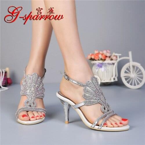 G-sparrow 2019 Korean New Silver Elegant Stiletto High Heel Sexy Rhinestone Sandals Womens Shoes