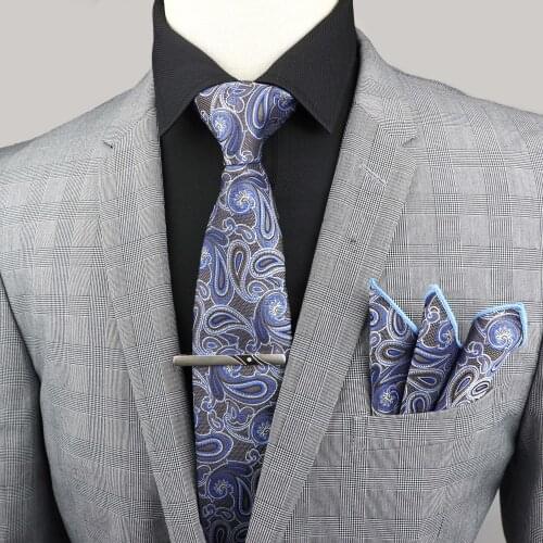 New Fashion Paisley Men Tie&Clip Set Pocket Square For Wedding Formal Business Red Blue Yellow Jacquard Woven Luxury Tie Set