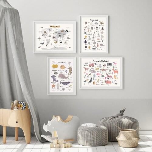 Ocean Animals Alphabet Poster Nursery Wall Art Canvas Painting Educational Preschool Prints Pictures For Kids childrens Room