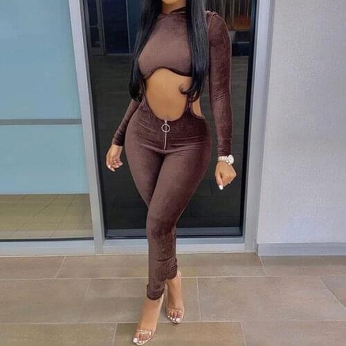 OMSJ Womens Sexy Hooded Long Sleeve Crop Top And High Waist Zip Overalls Spring Autumn Bodycon Casual Brown 2 Pcs Set Streetwear