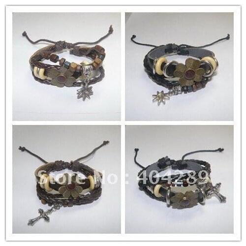 Wholesale 24pcs Black Coffee Clover Leather Cross & Eye Charm Pendant Bracelet