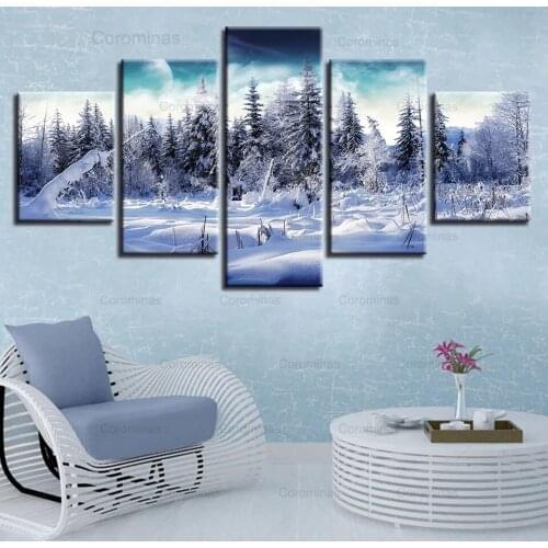 Canvas Poster Living Room Decoration 5 Pieces Winter Snow Forest Trees Painting Modular Hd Print Natural Poster Wall Art Cuadros