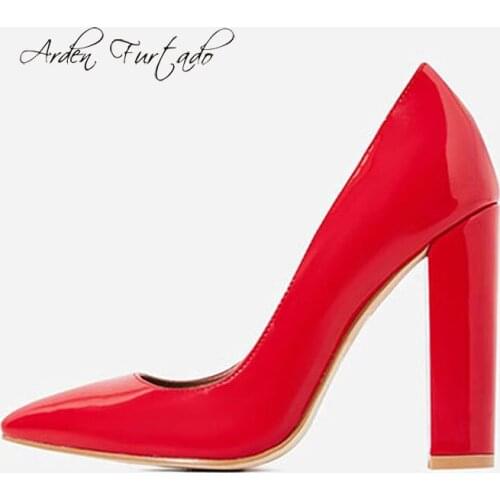 Arden Furtado Summer Fashion Womens Shoes Pointed Toe Party Shoes Chunky Heels Slip-on Pumps Pure Color Sexy Elegant red shoes
