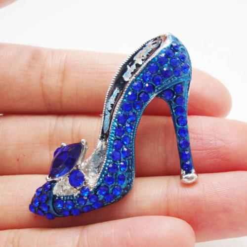 Vintage Blue Lady High-Heel Shoe Silver-plate Brooch Pin Rhinestone Crystal