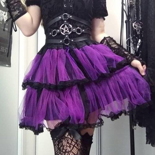 Y2K Punk Purple Lace Mesh Skirt Harajuku Sexy High Waist Elastic Mini Skirts Gothic Fairy Grunge Cake Skirts Streetwear