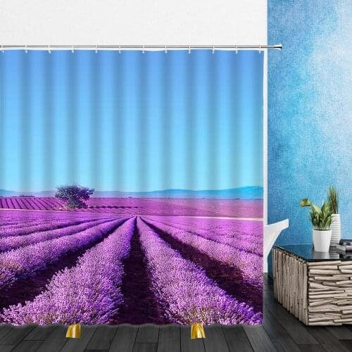 Flowers Shower Curtains Purple Lavender Flower Field Scenery 3D Waterproof Bathroom Decor Home Bathtub Polyester Curtain Set