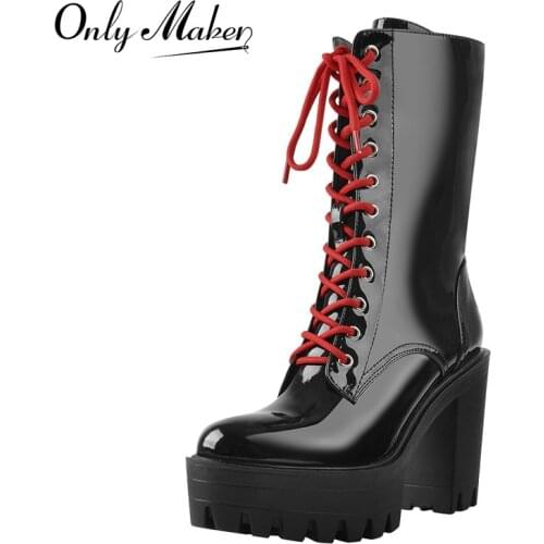 Onlymaker Spring Autumn Platform Ankle Boots Black Patent Leather Red Lace-Up Chunky High Heels Shoes Side Zipper For Women