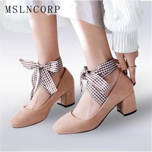 Plus Size 34-45 Fashion Women Shoes High Heels Women Pumps Ribbon Ankle Strap Butterfly Knot Chunky Heels Casual Shoes zapatos