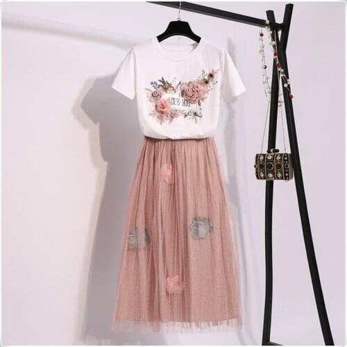 2020 Summer Women Set Flower Print Embroidery Short-sleeved Cotton T-shirt + Floral Appliques Mesh Skirt Two-piece Sets