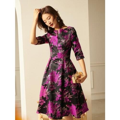 2021 Spring Summer Jacquard Dress 2/3 Sleeve Brocade England Style Mid-calf Dress Women Party Evening Clothing Ball Gown Dress