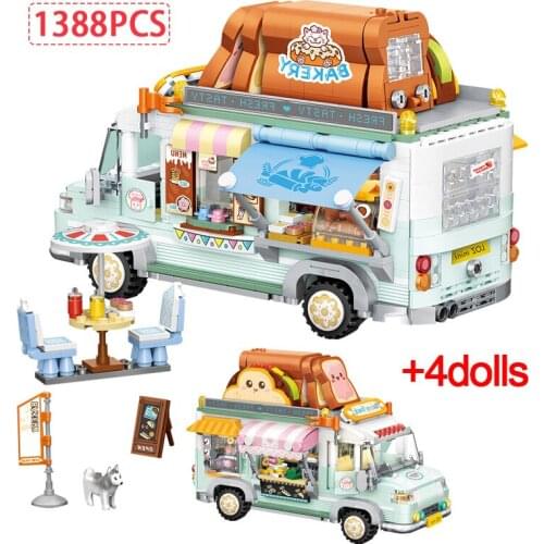 1388 Pcs Mini Toast Cake RV Building Blocks DIY Bakery Vehicle Friends Food Beverage Dining Car Bricks Toys For Children Gifts