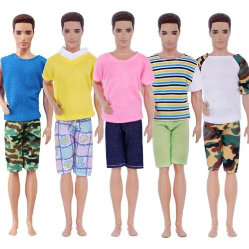 5 Pcs Men Outfits Mixed Style Stripe Camouflage T-Shirt Vest Plaid Shorts Pants Clothes for Barbie Doll for Ken Doll Accessories