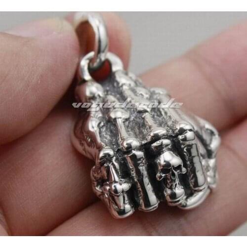 Solid Skull Bone Hand 925 Sterling Silver Mens Biker Pendant 8C014(Necklace 26inch)