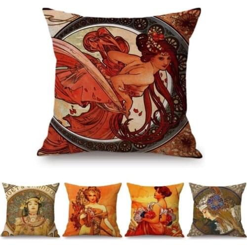 Flying Fair Angel Mucha Oil Painting Nouveau Art Home Decorative Pillow Cover 4 Seasons Girl Art Gallery Decoration Cushion Case
