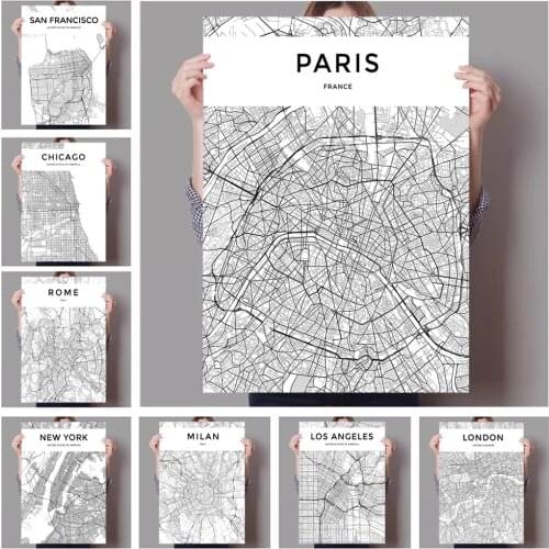 Black and White World City Map New York Milan Paris Wall Art Canvas Poster Prints Nordic Style Paintings Picture for Living Room