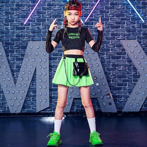 Kids Stage Clothing Crop Tops T Shirt Arm Sleeve Mini Skirt with Chain Bag For Girl Hip Hop Jazz Dance Costume Clothes Wear