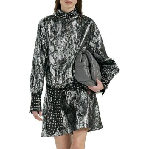 Womens Punk Rivet Short Dress Stand Collar Snakeskin pattern Waistband Party L