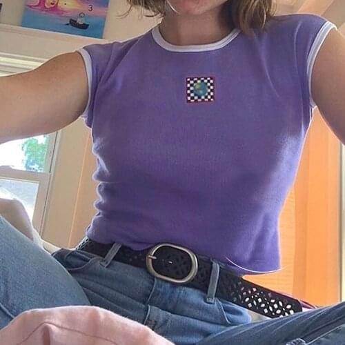 Purple Baby Tee Sleeveless Patchwork Earth Crop Tank Top Women Aesthetic e-Girl Y2K Outfit