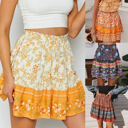 Hot kf-Summer Style Casual Womens Beach Boho Mini Skirt Womens Fashion Flower Print Skirt