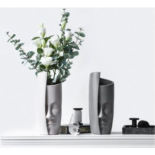 Ceramic Human Face Art Vase-Abstract Decorative Floral-Face Planter-Craft Flower Vase Set- Green Planting Pot