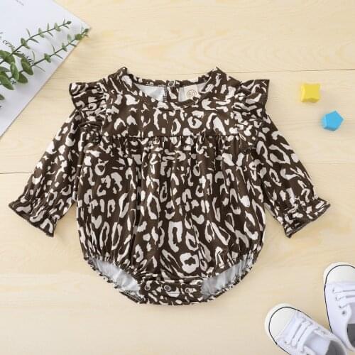 Infant Baby Girl Casual Long Sleeve Jumpsuits Toddler Kids Leopard Ruffles Stitching Triangle Romper Children Lovely Playsuits