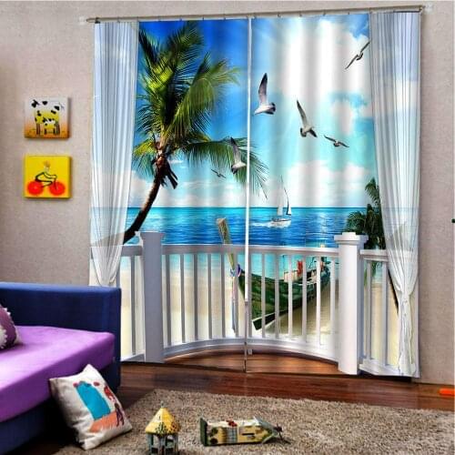 Sea landscape Modern Curtains For Living Room Coconut tree Seagull Cortinas balcony expand space Kitchen Curtain