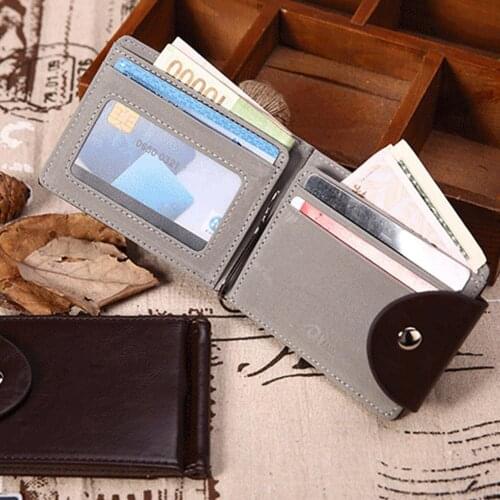 Men Slim Bifold Faux Leather Money Clip Credit Card Holder Snap Fastener Wallet