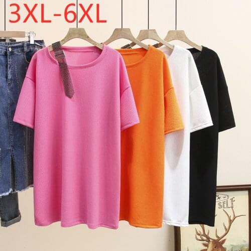 New 2021 Ladies Summer Plus Size Knit Tops For Women Large Short Sleeve Red Whie Loose O-neck Long T-Shirt 3XL 4XL 5XL 6XL