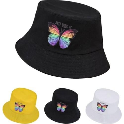 New Women Butterfly Double Sided Embroidery Autumn Winter Bucket Hat Foldable Sun Hat Cap Hip Hop Fishing Cap Outdoor Hat Gift