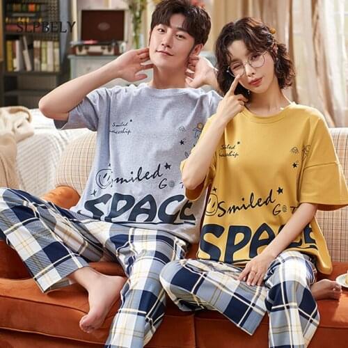 SLPBELY Couple Pajamas Set Sleepwear Summer Cartoon Printed Short Sleeve Plaid Pant Men Women Pyjamas Lover Homewear Nightwear