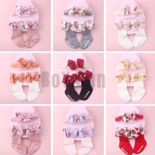 2 Pcs/Set Cute Baby Girl Headbands Socks Set Lace Flower Bows Crown Newborn Headband Girls Hairband Turban Baby Hair Accessories