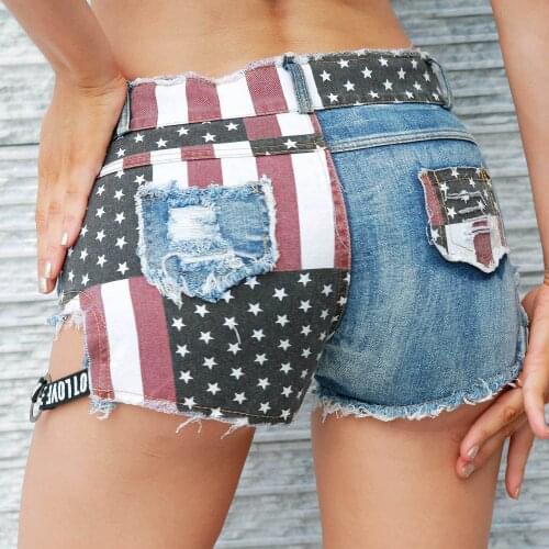 Sexy Women jeans denim shorts Summer Denim National flag prints hole Ladies Skinny cotton super short jeans