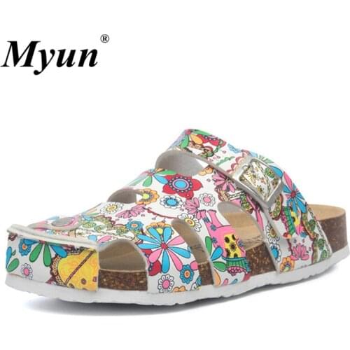 Size 35-45 Mens Womens Leather Print Slippers Summer Cork Buckle Flip Flops Unisex Couple Beach Casual Slides Platform Clogs