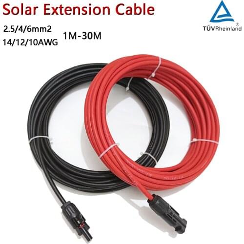 6/4/2.5 mm2 10/12/14 AWG Solar Panel Extension Copper Cable 1/2/3/5/10 Meters Red & Black TUV Cable with Solar Panels Connectors