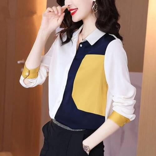 Spring Fall 2021 Newly Office Lady Women Patchwork Single Breasted Top Blouse Shirt , Fashion Woman Clothes 3xl Blouses