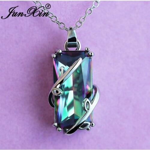 Vintage Big Rectangle Pendant Mystic Rainbow Fire Crystal Necklaces For Women Silver Color Leaf Winding Wedding Necklace CZ