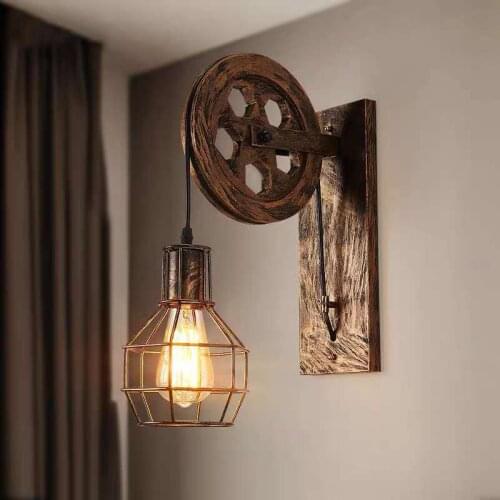 Tiooka Vintage Pulley Wall Light Fixture with Metal Cage Industrical Sconces Light for Restaurant Corridor Aisle Decor Light E27