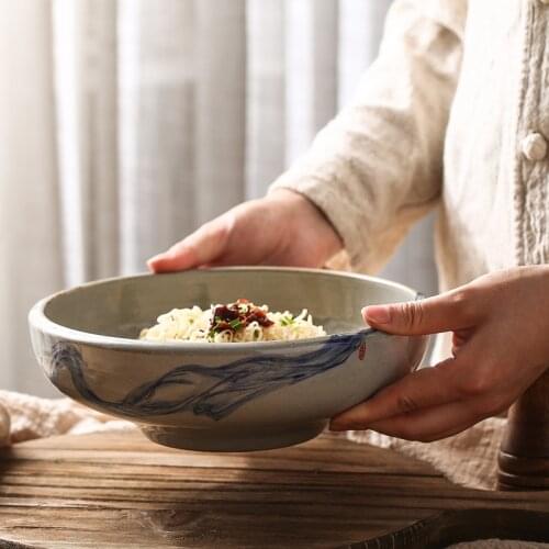 Japanese ceramic bowl commercial ramen bowl retro creative handmade commercial tableware large 9 inch soup plate CN(Origin)