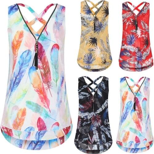 Women Summer New tassels Vest Tops printed Sleeveless Chiffon Tanks tops Blouse Casual Zipper neck Tank top clothes