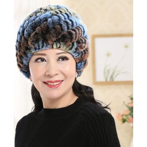 Winter Fashion Female Rex Rabbit Fur Knitted Hat Women Handmade Warm Caps Beanies Head Warmer Skullies Lady Soft Headgear