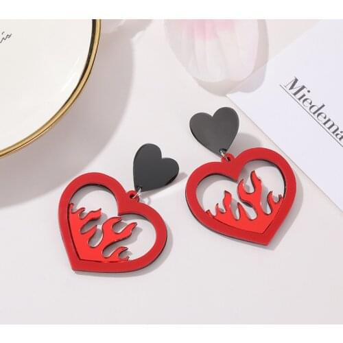 Red Flame Hollow Out Heart Acrylic Earrings for Women Black Small Heart Geometric Earrings Teens Funny Fashion Stylish Jewelry